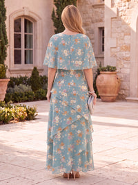 Floral Print Mother of the Bride/Groom Dresses A Line Round Neck Cape Sleeves Tiered