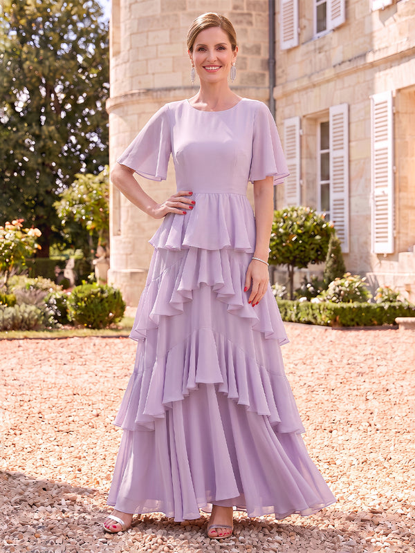 Chiffon Mother of the Bride/Groom Dresses A Line Scoop Neck Short Sleeves Tiered Ruffles