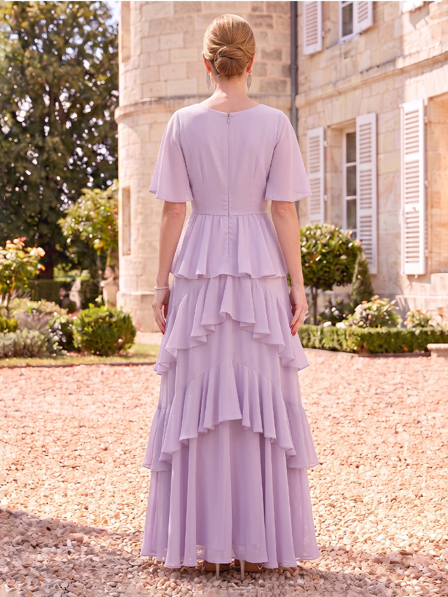 Chiffon Mother of the Bride/Groom Dresses A Line Scoop Neck Short Sleeves Tiered Ruffles
