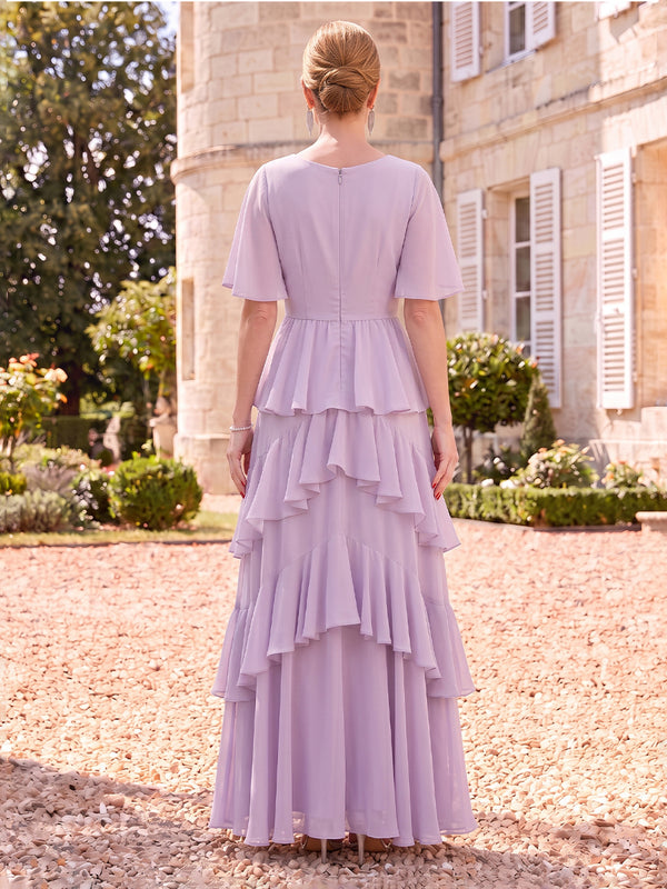 Chiffon Mother of the Bride/Groom Dresses A Line Scoop Neck Short Sleeves Tiered Ruffles