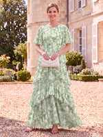 Floral Print Mother of the Bride/Groom Dresses A Line Round Neck Flutter Sleeves Tiered Ruffles