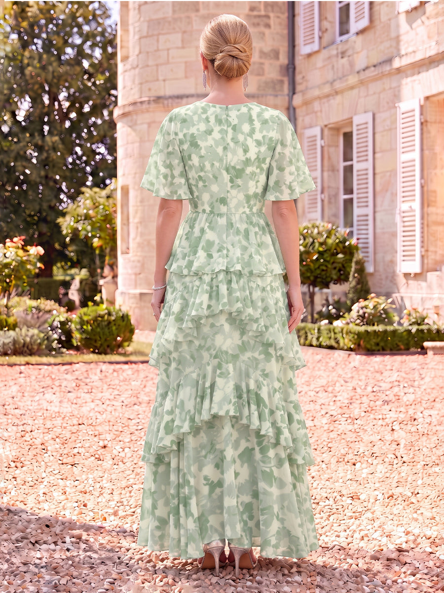Floral Print Mother of the Bride/Groom Dresses A Line Round Neck Flutter Sleeves Tiered Ruffles