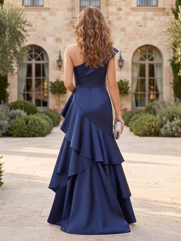 Satin Mother of the Bride/Groom Dresses Mermaid One Shoulder Sleeveless Ruffles Tiered