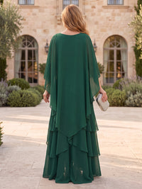Chiffon Mother of the Bride Dresses A Line Round Neck Cape Sleeves Tiered Ruffles