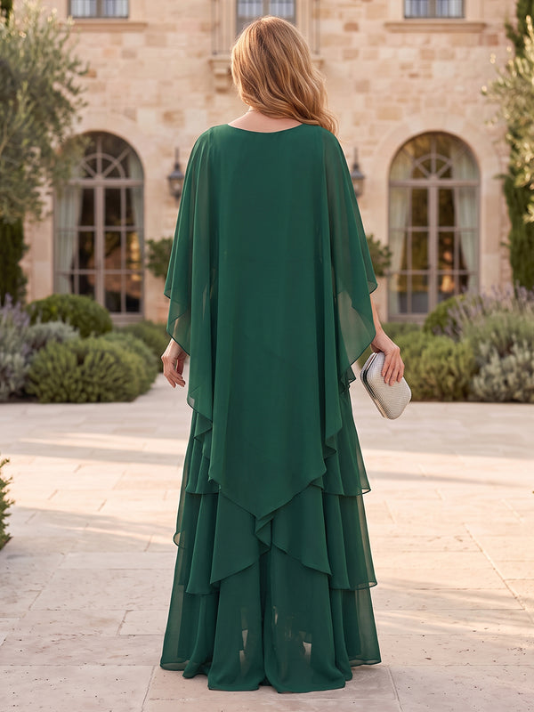 Chiffon Mother of the Bride Dresses A Line Round Neck Cape Sleeves Tiered Ruffles