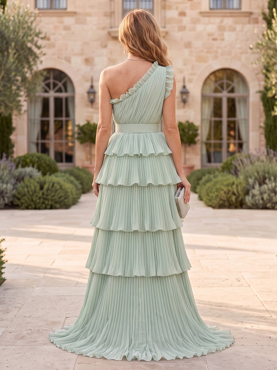 Chiffon Mother of the Bride/Groom Dresses A Line One Shoulder Sleeveless Tiered Ruffles