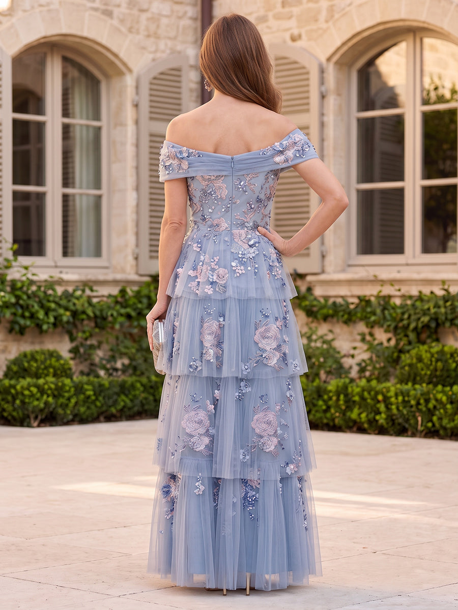 Embroidered Tulle Mother of the Bride/Groom Dresses A Line Off the Shoulder Sleeveless Tiered Ruffles