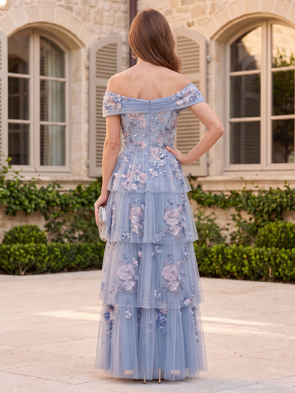 Embroidered Tulle Mother of the Bride/Groom Dresses A Line Off the Shoulder Sleeveless Tiered Ruffles