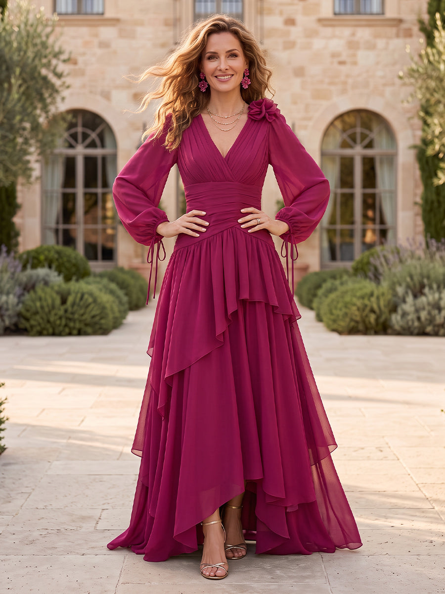Chiffon Mother of the Bride/Groom Dresses A Line V Neck Long Sleeves Ruffles Tiered Pleated