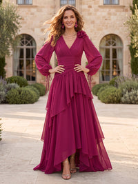 Chiffon Mother of the Bride/Groom Dresses A Line V Neck Long Sleeves Ruffles Tiered Pleated
