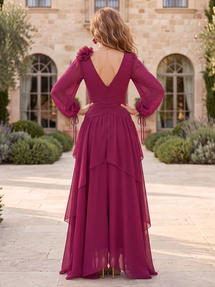 Chiffon Mother of the Bride/Groom Dresses A Line V Neck Long Sleeves Ruffles Tiered Pleated