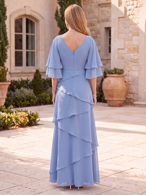 Chiffon Mother of the Bride/Groom Dresses A Line V Neck Short Sleeves Tiered