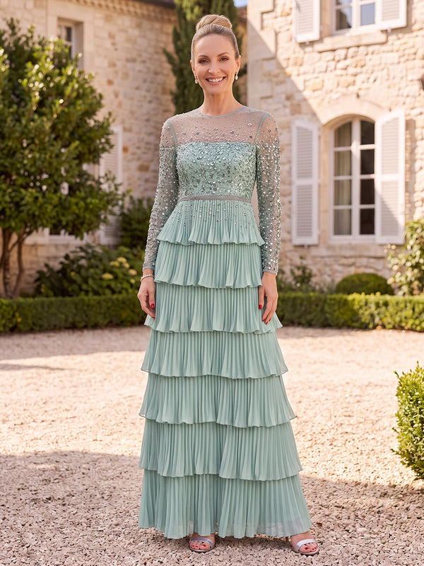 Chiffon Mother of the Bride/Groom Dresses A Line Scoop Neck Long Sleeves Tiered Ruffles