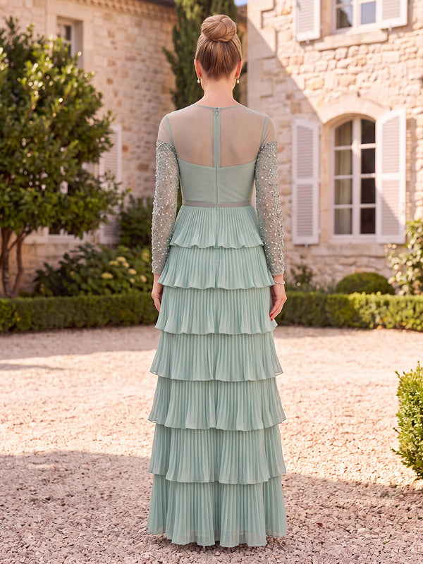 Chiffon Mother of the Bride/Groom Dresses A Line Scoop Neck Long Sleeves Tiered Ruffles
