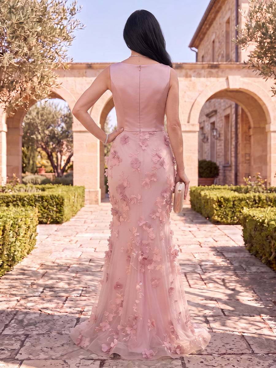 Tulle Mother of the Bride/Groom Dresses Sleeveless Round Neck Mermaid 3D Flowers