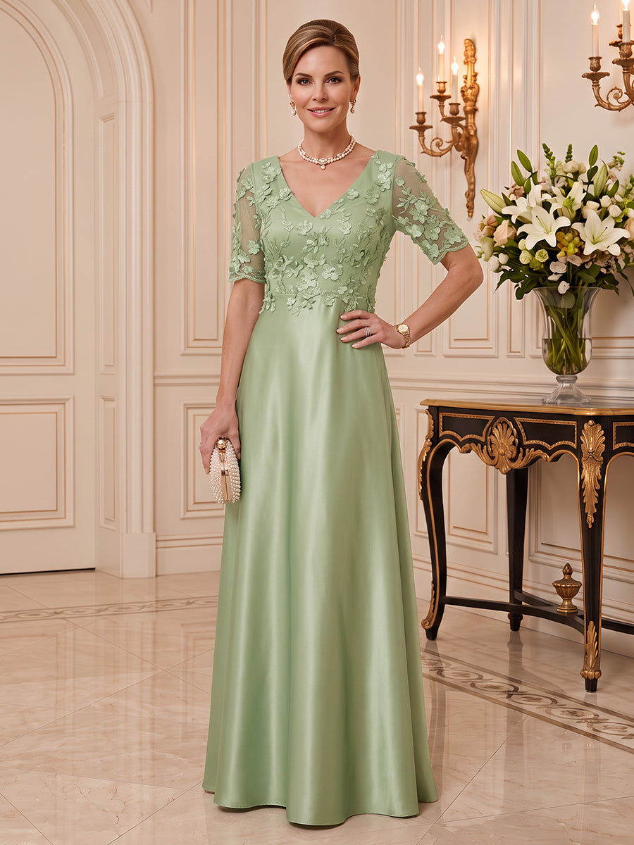 Satin Mother of the Bride/Groom Dresses A Line V Neck Short Sleeves 3D Flowers