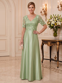Satin Mother of the Bride/Groom Dresses A Line V Neck Short Sleeves 3D Flowers