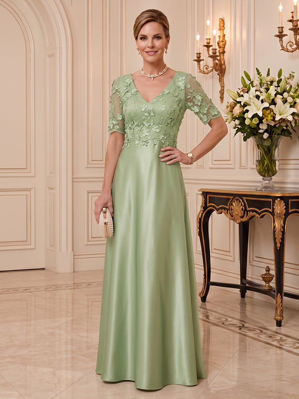 Satin Mother of the Bride/Groom Dresses A Line V Neck Short Sleeves 3D Flowers