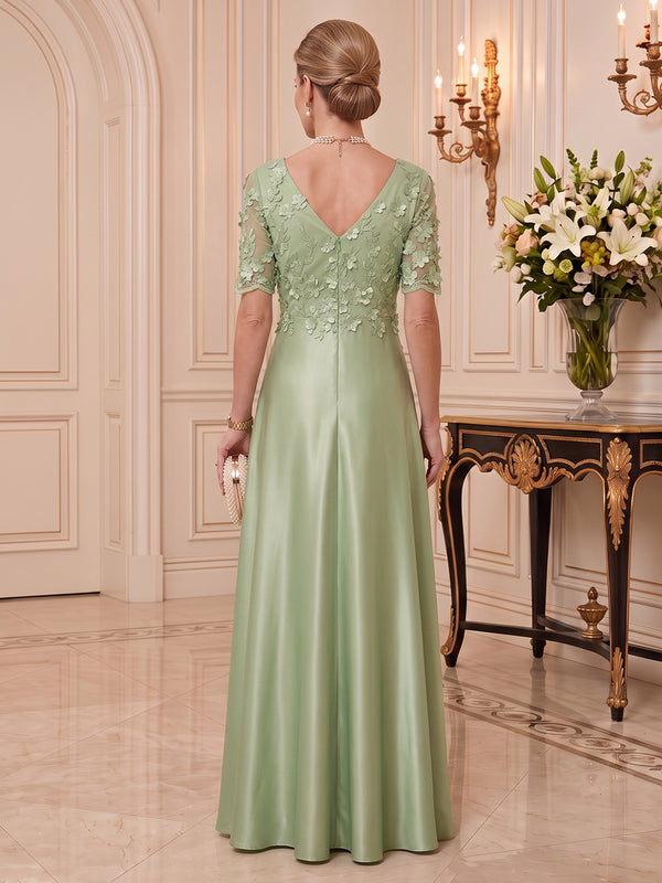 Satin Mother of the Bride/Groom Dresses A Line V Neck Short Sleeves 3D Flowers
