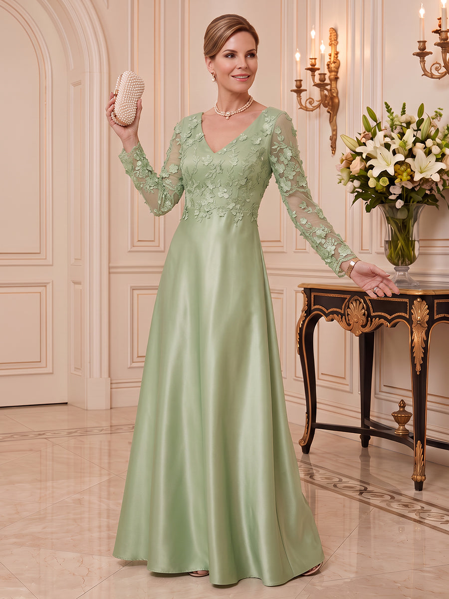 Satin Mother of the Bride/Groom Dresses A Line V Neck Long Sleeves 3D flowers