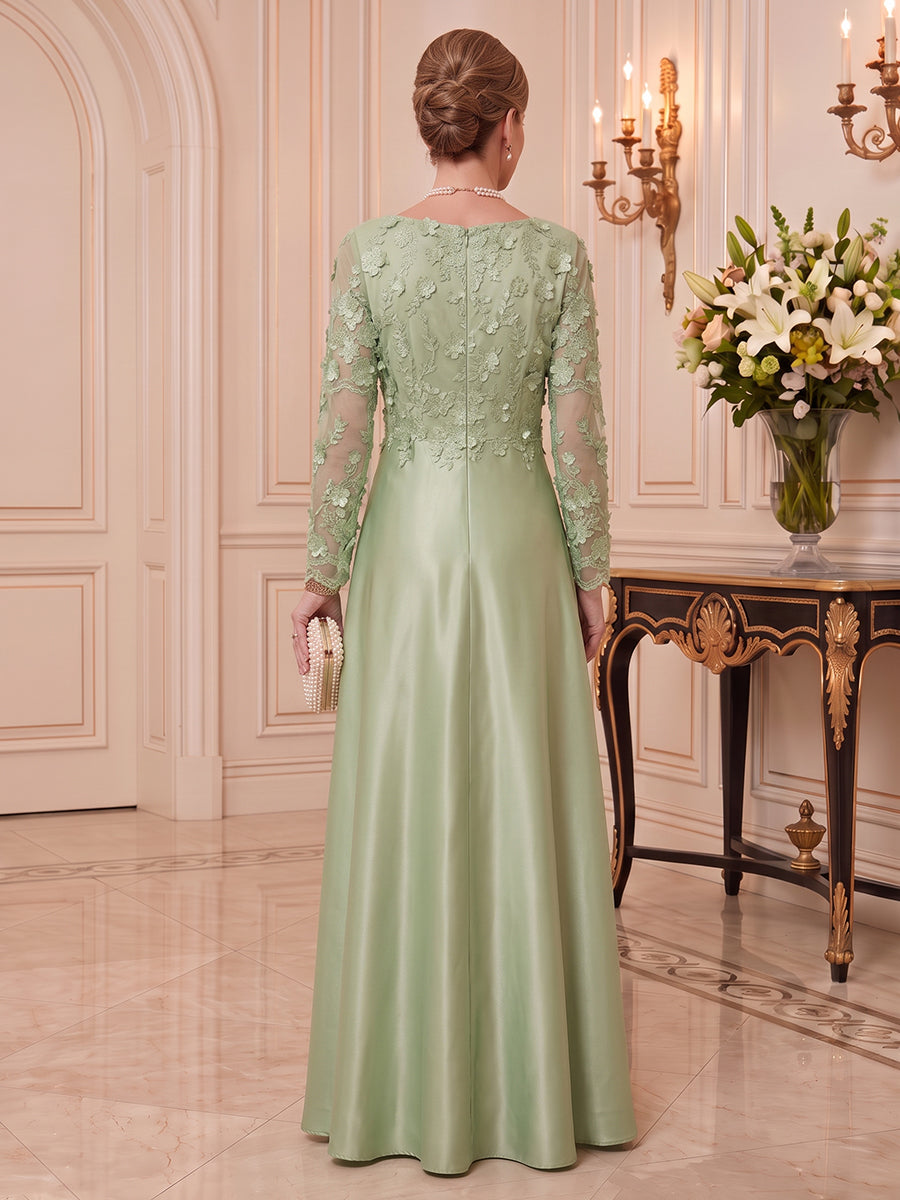 Satin Mother of the Bride/Groom Dresses A Line V Neck Long Sleeves 3D flowers