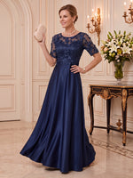 Satin Mother of the Bride/Groom Dresses A Line Scoop Neck Short Sleeves 3D Flowers