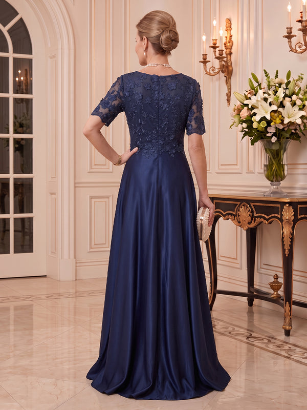 Satin Mother of the Bride/Groom Dresses A Line Scoop Neck Short Sleeves 3D Flowers