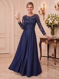 Satin Mother of the Bride/Groom Dresses A Line Round Neck Long Sleeves 3D Flowers