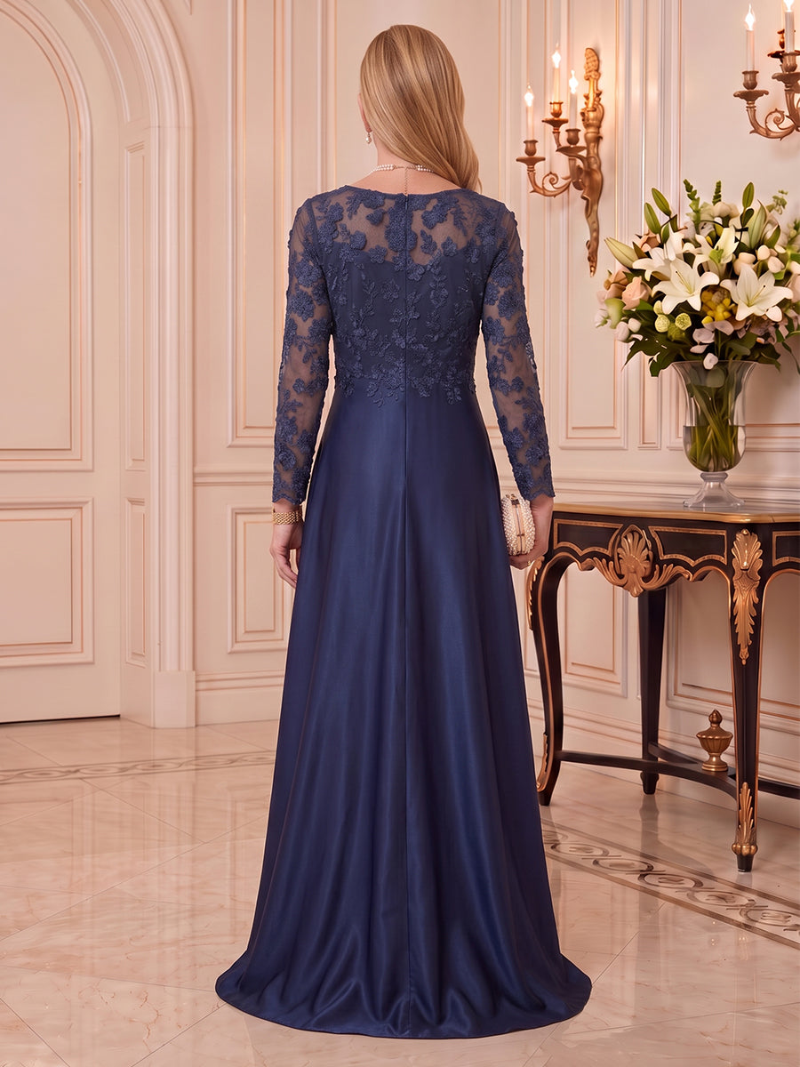 Satin Mother of the Bride/Groom Dresses A Line Round Neck Long Sleeves 3D Flowers