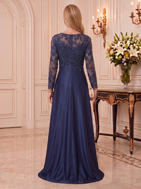 Satin Mother of the Bride/Groom Dresses A Line Round Neck Long Sleeves 3D Flowers