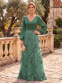 Tulle Mother of the Bride/Groom Dresses A Line Long Sleeves V Neck 3D Flowers