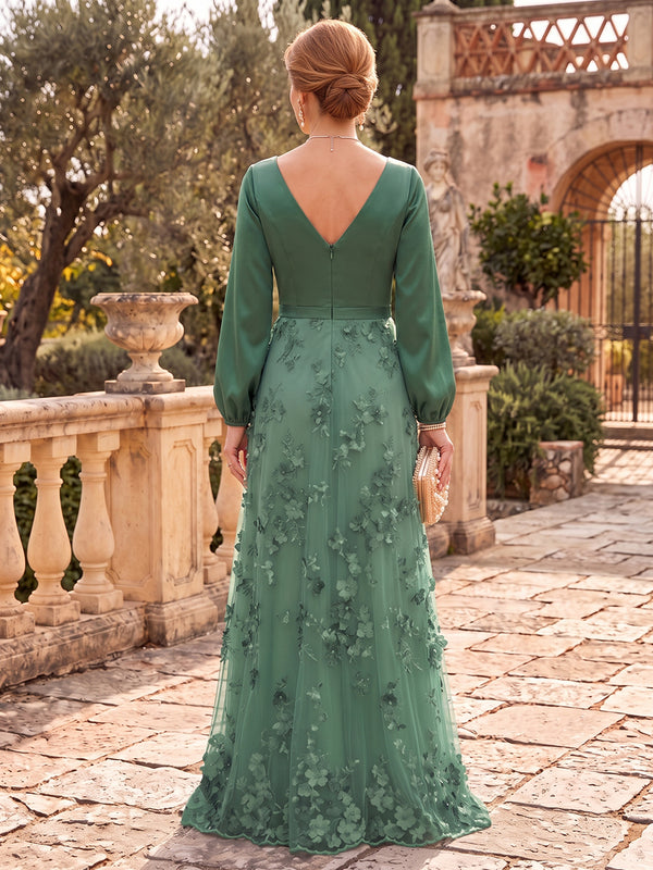 Tulle Mother of the Bride/Groom Dresses A Line Long Sleeves V Neck 3D Flowers