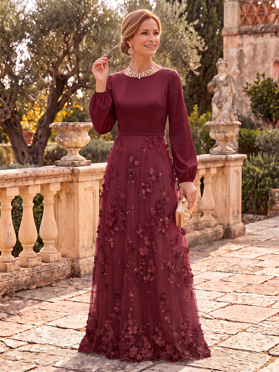 Tulle Mother of the Bride/Groom Dresses A Line Round Neck Long Sleeves 3D flowers