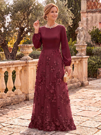 Tulle Mother of the Bride/Groom Dresses A Line Round Neck Long Sleeves 3D flowers