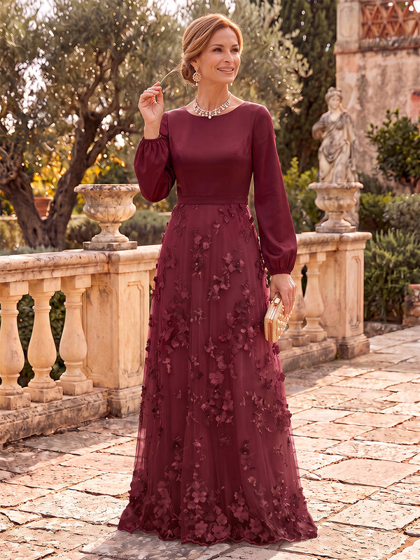 Tulle Mother of the Bride/Groom Dresses A Line Round Neck Long Sleeves 3D flowers