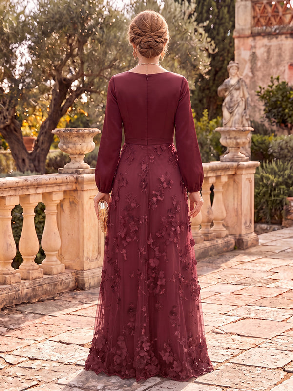 Tulle Mother of the Bride/Groom Dresses A Line Round Neck Long Sleeves 3D flowers