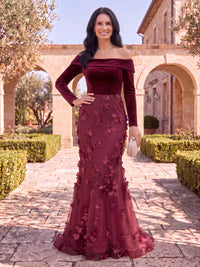 Tulle Mother of the Bride/Groom Dresses Mermaid/Sheath Off the Shoulder Long Sleeves 3D Flowers