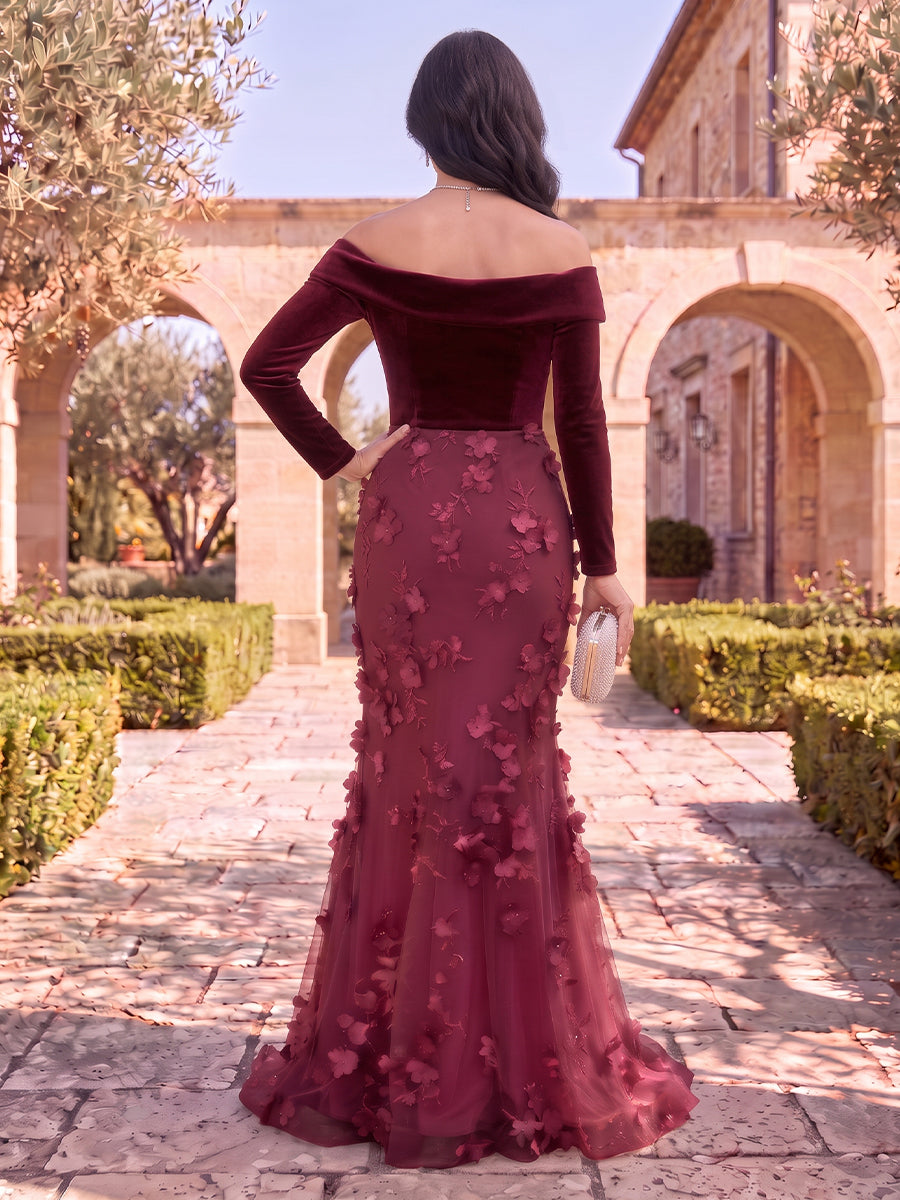 Tulle Mother of the Bride/Groom Dresses Mermaid/Sheath Off the Shoulder Long Sleeves 3D Flowers