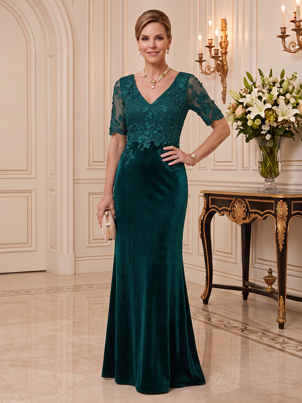Velvet Mother of the Bride/Groom Dresses Sheath V Neck Short Sleeves 3D Flowers Lace Appliques