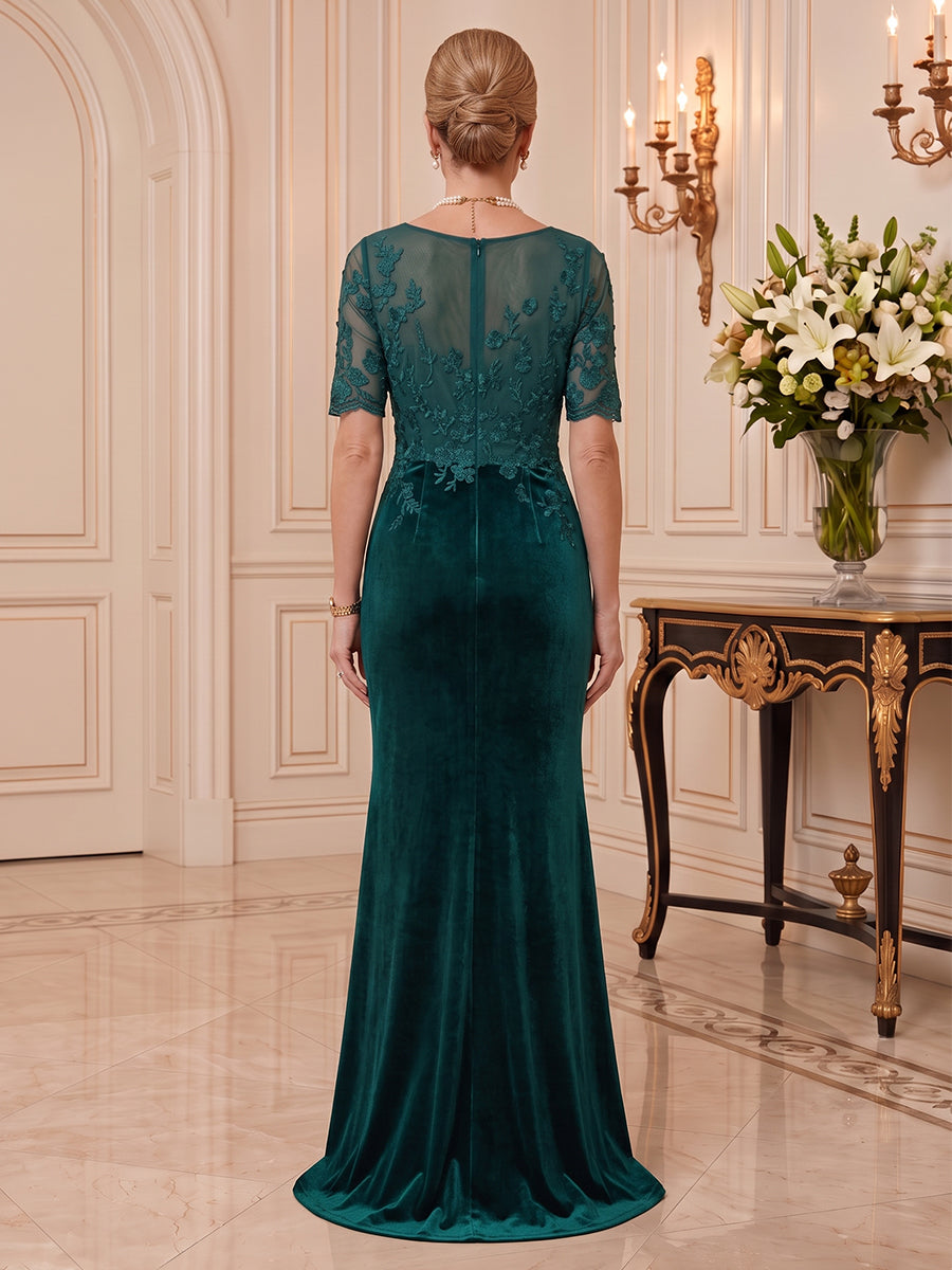 Velvet Mother of the Bride/Groom Dresses Sheath V Neck Short Sleeves 3D Flowers Lace Appliques