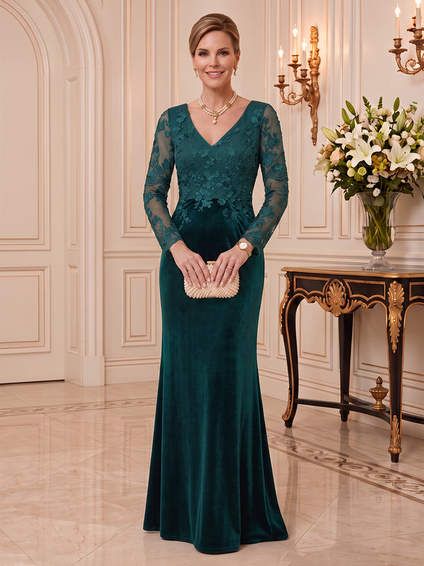 Velvet Mother of the Bride/Groom Dresses Sheath V Neck Long Sleeves 3D flowers