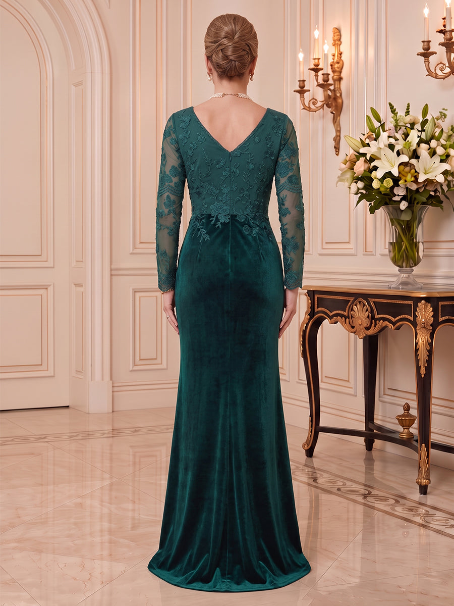 Velvet Mother of the Bride/Groom Dresses Sheath V Neck Long Sleeves 3D flowers