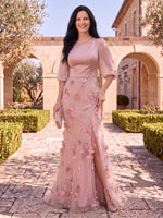 Tulle Mother of the Bride/Groom Dresses Mermaid/Sheath Half Sleeves Round Neck 3D flowers with Silt