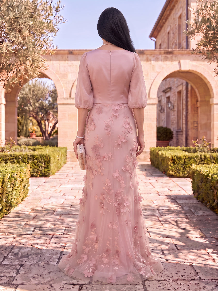Tulle Mother of the Bride/Groom Dresses Mermaid/Sheath Half Sleeves Round Neck 3D flowers with Silt