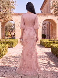 Tulle Mother of the Bride/Groom Dresses Mermaid/Sheath Half Sleeves Round Neck 3D flowers with Silt