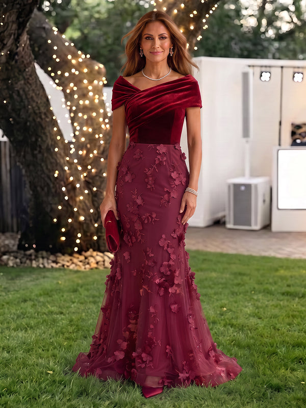Velvet Mother of the Bride/Groom Dresses Mermaid Off the Shoulder Cap Sleeves 3D Flowers