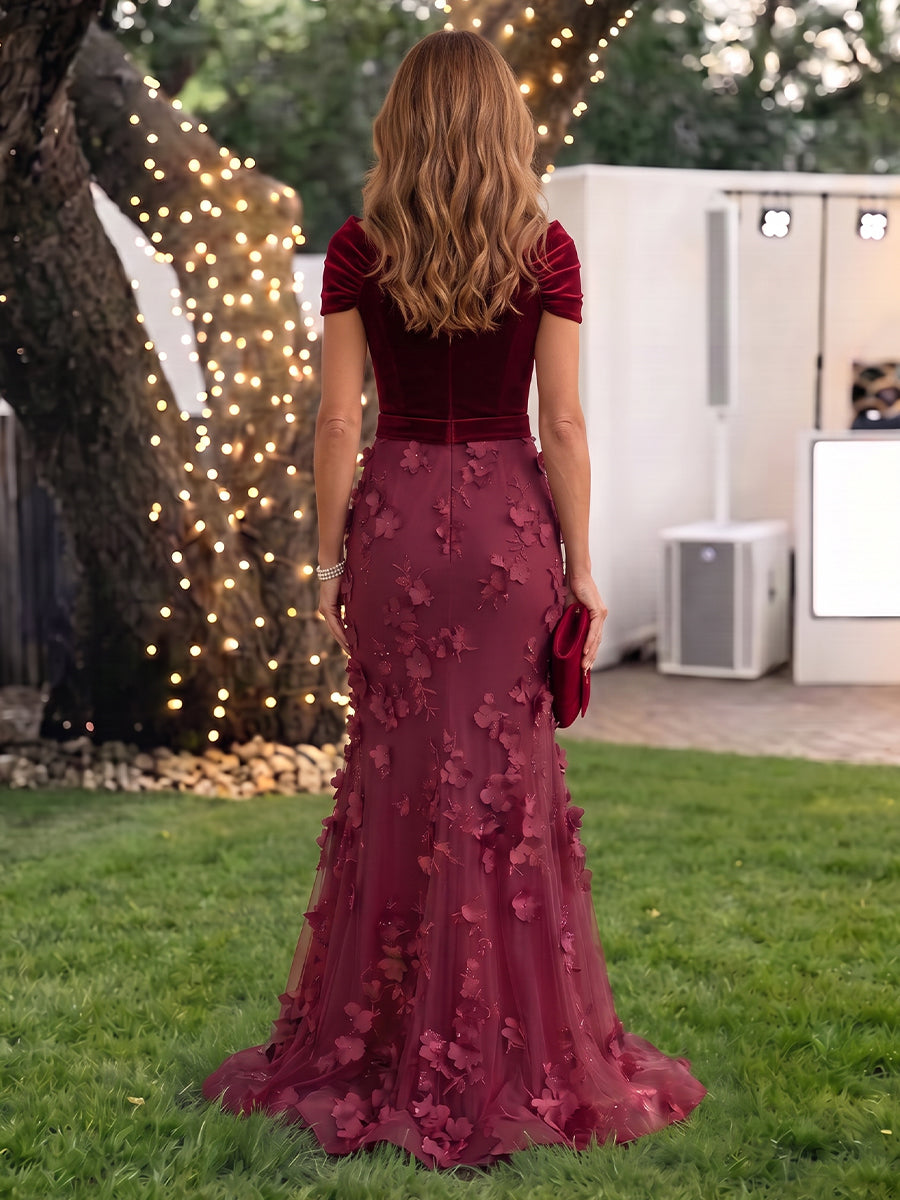 Velvet Mother of the Bride/Groom Dresses Mermaid Off the Shoulder Cap Sleeves 3D Flowers