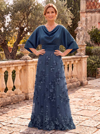 Tulle Mother of the Bride/Groom Dresses A Line Cowl Neck Half Sleeves 3D Flowers