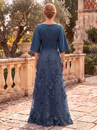 Tulle Mother of the Bride/Groom Dresses A Line Cowl Neck Half Sleeves 3D Flowers