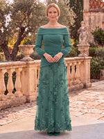 Tulle Mother of the Bride/Groom Dresses A Line Off the Shoulder Long Sleeves 3D Flowers